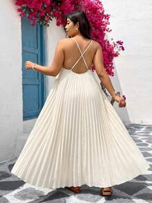 SHEIN VCAY Plus Size Casual Solid Color Pleated Backless Camisole Dress - Apricot - View 2