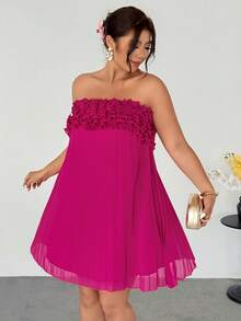 Firerie Plus Size Elegant Solid Color Pleated Hem Tube Dress For Summer Strapless Dress Hot Pink - Hot Pink - View 5