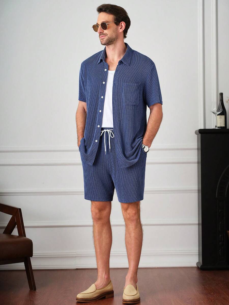 Core Aspect 男士条纹短袖单排扣衬衫和短裤套装 - 藍色 - 查看 1