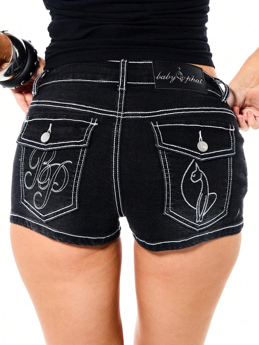 BABYPHAT Stretch Denim Shorts With White Topstitching Detail High Rise Fitted Jean Style Summer Casual Women - Black - View 1