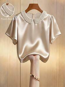 Franclia Women's Round-Neck Pearl-Encrusted Short-Sleeved Shirt,Glossy Satin Woven Fabric,Elegant,Tea Party,Holiday,Summer,White Gold,Fashionable Business Top - Apricot - View 5