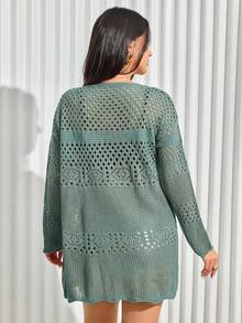 EURMUSE Plus Size Solid Color Long Sleeve V-Neck Tie Crochet Knit Cardigan - Mint Green - View 2