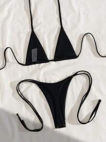 Swim SXY 两件套亮片纹理挂脖三角比基尼上衣和侧系带泳裤性感泳装套装，女士春夏比基尼套装，亮片比基尼黑色亮片比基尼黑色花朵比基尼两件套度假装，Zestiva泳装瑜伽上衣塑形泳衣拉链上衣斑马纹比基尼 - 黑色 - 查看 2