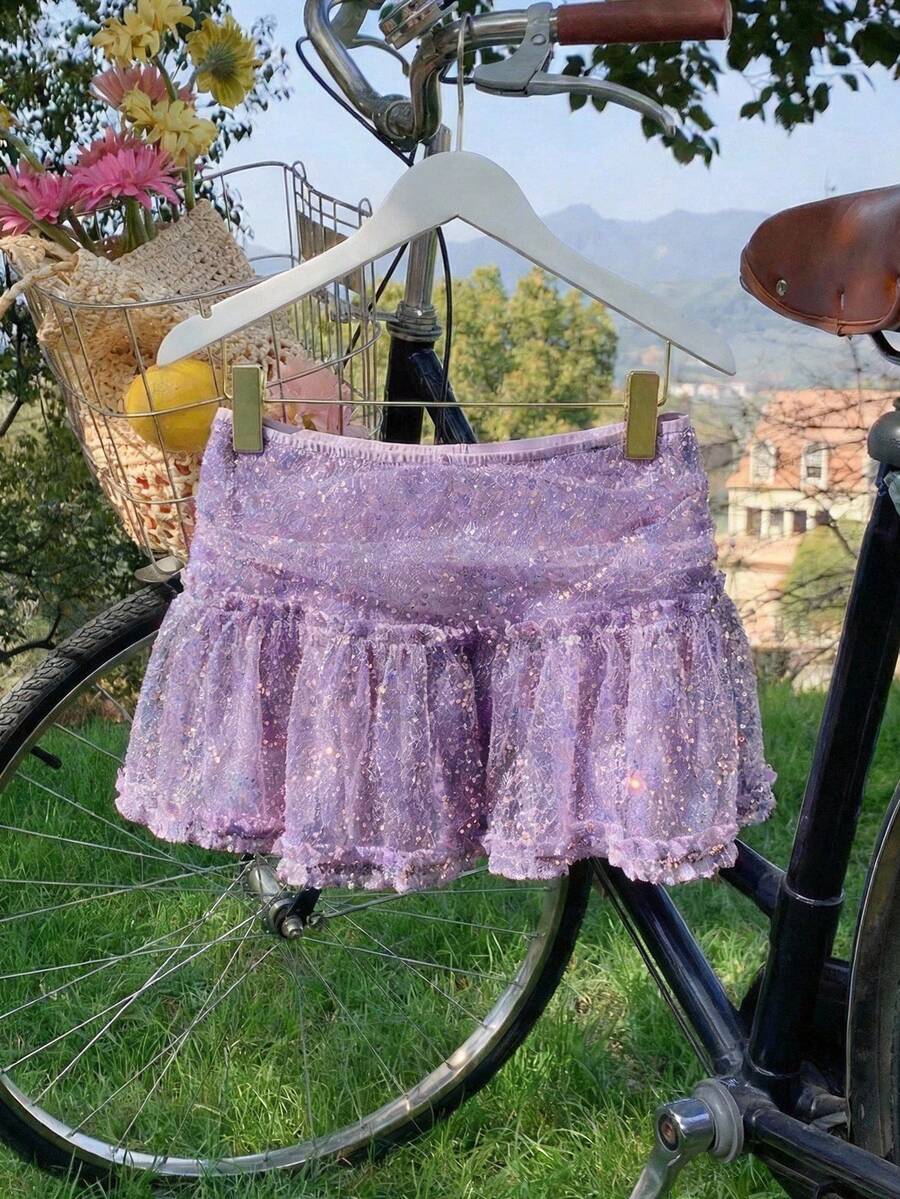 Comfortcana 女士亮片撞色网纱休闲百搭约会之夜迷你裙夏季女装 - 綠色 - 查看 1