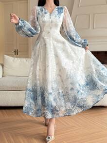 DAZY Đầm maxi nữ thanh lịch tay bồng hoa cổ chữ V dài ngang gối, thích hợp cho mùa xuân/hè. - Màu xanh lam - Xem 5