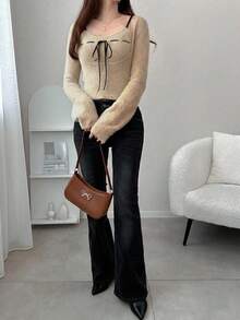 FRIFUL Women's Apricot Solid Color Inner Pocket Sleeveless Jacket, Long Sleeve Contrast Color Drawstring Bow Knit Sweater Two Pieces Set, Autumn - Beige - View 3