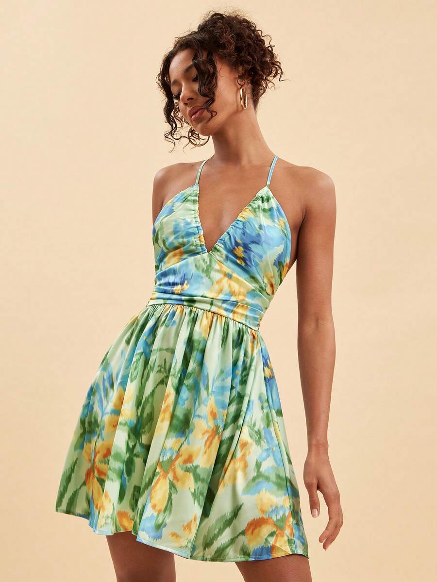Travachic Vestido de vacaciones con estampado floral y espalda descubierta, vestido de verano, vestido de playa, vestidos elegantes para mujer, vestido floral, elegancia francesa, té de la tarde - Verde - Ver 1