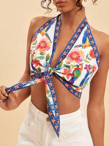 Travachic Áo croptop buộc dây phía trước in họa tiết hoa và vẹt dành cho nữ, thích hợp cho kỳ nghỉ. - Màu vàng - Xem 4