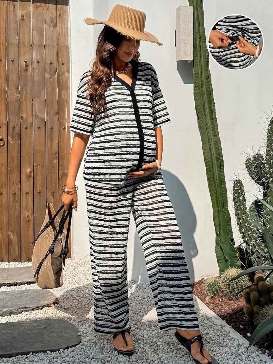 Boho Mama 2pcs Maternity Striped Short Sleeve Button-Up Top And Adjustable Waist Casual Pants Set - Black and White - View 1