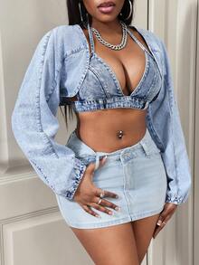 BamGleam Casual Cropped Women's Denim Jacket - Blue - View 4