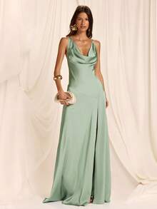 SHEIN BAE Women's Solid Green Satin Draped Neck Fitted Side High Slit Elegant Sexy Dress, Suitable For Parties, Vacations, Banquets, Weddings, Nights Out, Romantic Dates, Spring/Summer - Green - View 4