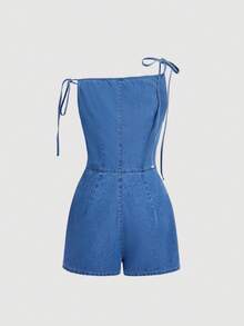 Sweetra Bộ áo liền quần denim nữ thời trang và thanh lịch, kiểu dáng thường ngày. - Màu xanh lam - Xem 2