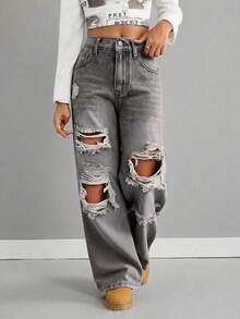 Tween Girls' Casual Washed Distressed Loose Fit Denim Jeans - Grey - View 4