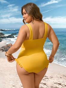 SHEIN Swim Lushore Bộ đồ bơi liền thân màu vàng thanh lịch, ngọt ngào dành cho nữ, cỡ lớn, thích hợp cho khu nghỉ dưỡng bãi biển mùa hè, chất liệu vải mềm mại, thoải mái, đồ bơi liền thân cỡ lớn. - Màu vàng - Xem 3