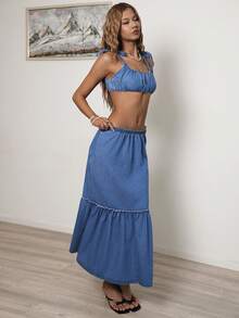 Sunnyshic Women's Casual Vacation Denim Crop Top And Mini Skirt Set - Blue - View 6