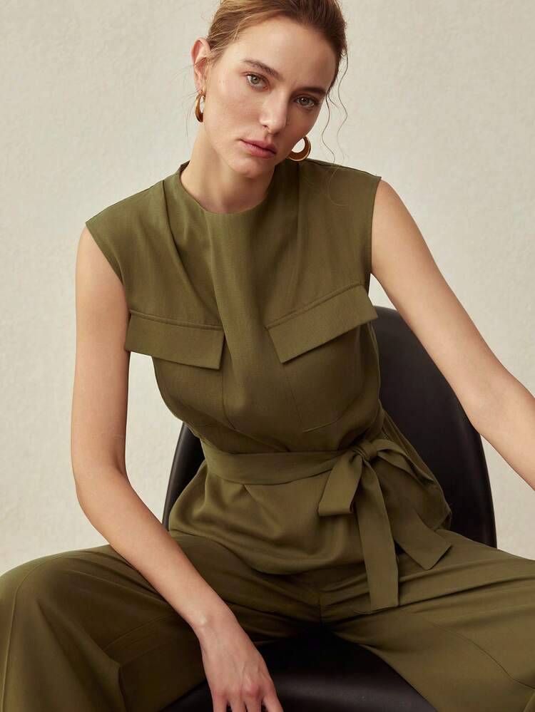 LINEN CARGO POCKET SLEEVELESS MOCK NECK TOP, VINTAGE STYLE, SPRING/SUMMER