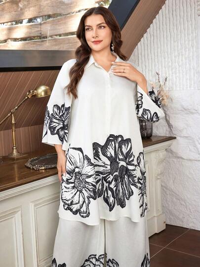 Lacomfia 2pcs/Set Women Plus Size Floral Printed Linen-Like Loose Casual Comfortable Set Kurta Set Women Shirt Sets For Women