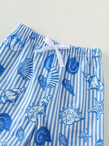 SHEIN 2件套男女宝宝休闲可爱贝壳图案短袖T恤和短裤套装，春夏宝宝服装套装 - 藍色 - 查看 5