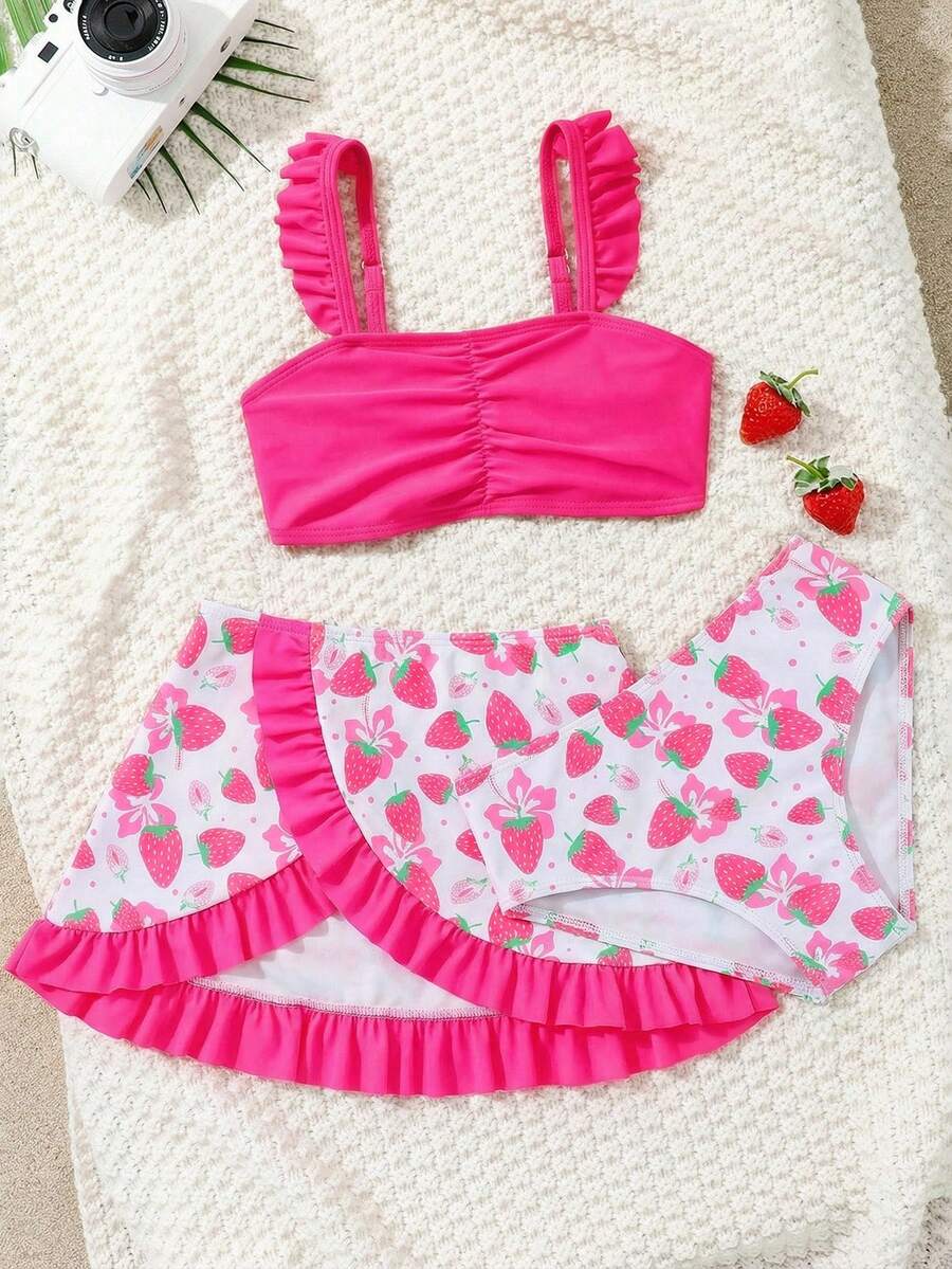 SHEIN 4pcs/Set Young Girls Swimsuit Set, Spring/Summer Beach Swimwear Set, New Arrival. Includes Spaghetti Strap Swimsuit Top, Bottoms, Cover-Up Skirt, And Sun Hat. Adorable Strawberry Pattern Makes Girls Cuter, Ruffled Hem Adds Sweet And Lovely Touch. Strawberry Pattern Is Very Cute. Strawberry Bathing Suit Girls 2 Piece Swim Suits One Piece Of Bathing Suit Fruit With Skirt Kid Kids Strawberry Swimsuit - Hot Pink - View 1