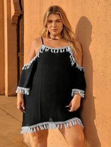 Swim Chiccia Plus Size Casual Vacation Tassel Decor Off-Shoulder Camisole - Black - View 1