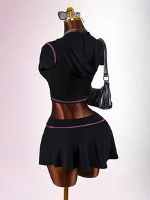 Amplova Y2K Style English Letter Front Zipper Cropped Top & Mini Skirt 2 Pieces Set For Women - Black - View 7