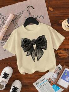 Sparklyn Young Girl Butterfly Print Round Neck Short Sleeve T-Shirt, Suitable For Summer - Apricot - View 1