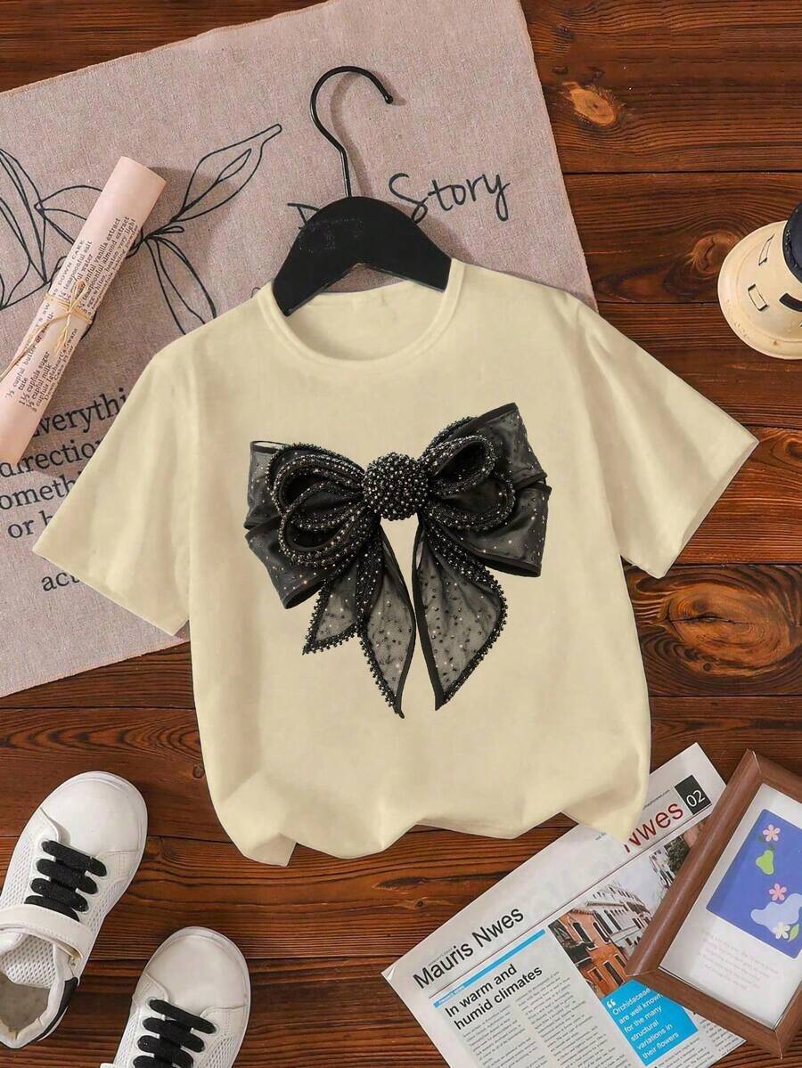 Sparklyn Young Girl Butterfly Print Round Neck Short Sleeve T-Shirt, Suitable For Summer - Apricot - View 1