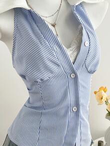 Elamini 女士蓝色条纹无袖衬衫，百搭时尚，适合日常、约会、海滩旅行、街头风、春夏穿着。 - 藍色 - 查看 3
