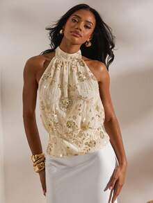 Opulessa 女士性感露背亮片装饰吊带衫，适合度假 - 杏色 - 查看 3