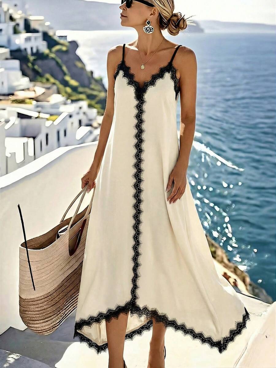 Louniche Standard Size Women's Casual Vacation Dress With Contrast Color Lace Trim And A-Line Silhouette, Spring/Summer - Apricot - View 1