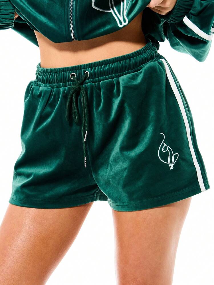 BABYPHAT Women's Luxurious Velour Pull-On Drawstring Shorts With Side Stripes And Logo Detail For Loungewear Comfort