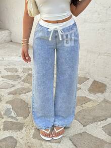 Rivivi Casual Elastic Waist Drawstring Straight Leg Jeans - Light Wash - View 1