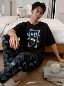 2件套青少年男童极简时尚游戏元素印花短袖上衣搭配经典游戏手柄印花宽松牛奶丝针织裤家居服套装 - 彩色 - 查看 4