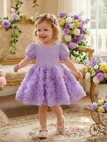 SHEIN Elegantes Baby Mädchen Kleid mit rundem Ausschnitt, Puffärmeln, Perlendekor und 3D Blumen Stoffrock - Mauve - Übersicht 1