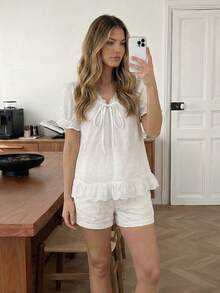 Easowa 夏季休闲纯色花瓣袖衬衫 - 白色 - 查看 4