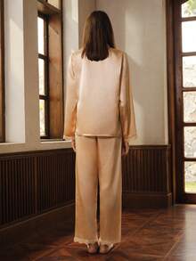 Guipure Lace Trim Satin Pajama Set, Fall Winter Clothes - Champagne - View 2