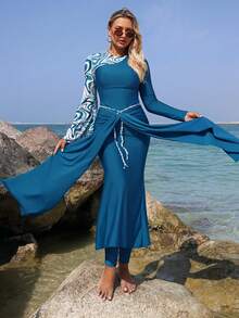 Swim Mulvari Bộ đồ bơi Burkini tay dài in họa tiết đá cẩm thạch dành cho nữ, thời trang lý tưởng cho kỳ nghỉ biển. - Màu xanh lá cây đậm - Xem 3