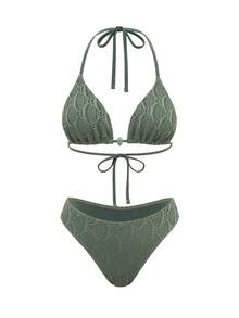 Swim Oasis Women's Solid Color Textured Swimwear Set For Vacation & Beach - Green - View 4