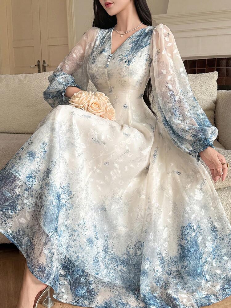 Women's V-Neck Long Sleeve Blue Ditsy Floral Long Dress