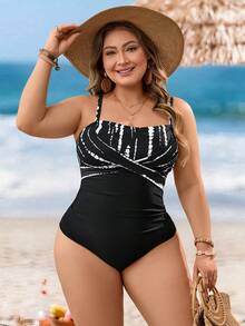 Swim Lushoire Plus Size Women One-Piece Solid Color Patchwork Black & White Polka Dot Print Spaghetti Strap Beach Vacation Bikini Swimsuit - Black and White - View 4