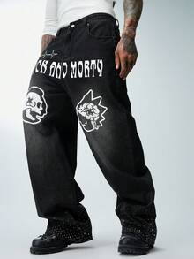 Rick and Morty X SHEIN 男士口袋纽扣字母图案休闲百搭日常穿着阔腿牛仔裤 - 黑色 - 查看 4