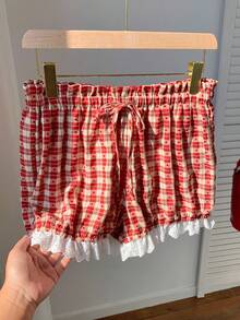 SHEIN EZwear 红色格子梭织女式短裤 - 紅白色 - 查看 4