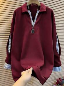 Franclia Sudadera de manga larga con hombros caídos, de talla grande, con diseño de rayas y parches - Burdeos - Ver 3