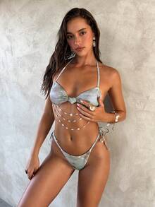 Aloruh 女士春夏新款扎染印花波西米亚风泳装套装，珍珠链饰，魅力派对装扮，音乐节服装，优雅性感女士比基尼套装，海滩度假装 - 彩色 - 查看 4