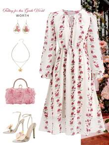 Ellevyn Women's Floral Pattern Tie Neck Long Sleeve Elegant Mid-Length Dress - Apricot - View 7