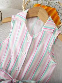 女童休闲百搭翻领纽扣前襟系带柔软褶皱牛仔质感连体裤，适合秋季、野餐、郊游、搭配服装、日常穿着 - 白色 - 查看 4