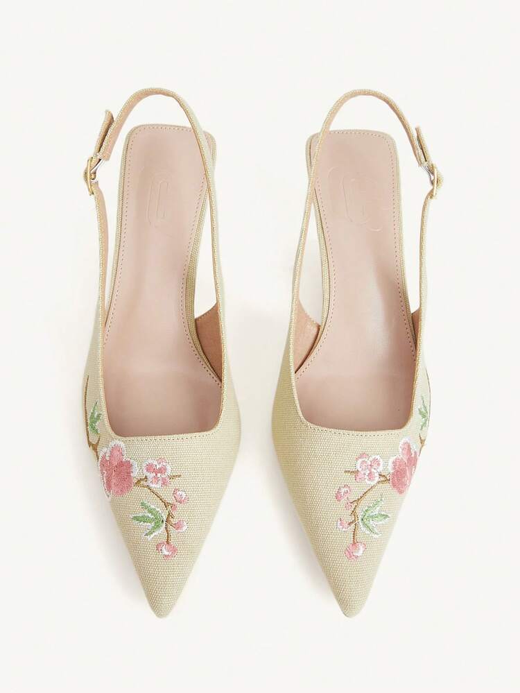 CUCCOO CHICEST 25 Summer/Summer New Design Pointed Toe Floral Print Wine Glass Heel Mid-Heel Romantic New Chinese Style Apricot Color High Heels, Formal Dress Shoes For Date, Afternoon Tea, Party, Valentine's Day, Elegant Outfit Wedding Shoes Summer Shoes Bride Shoes