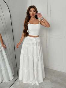 Slaydiva 春夏度假、海滨、优雅、浪漫、性感派对、约会、生日派对、休闲、优雅、游艇旅行 - 串珠吊带背心和长裙女士两件套 - A - 白色 - 查看 6