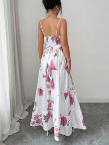 Selianne 女士春夏印花V领吊带腰带A字连衣裙 - 白色 - 查看 2