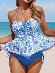 Swim Lushoire Women's White And Blue Floral Tankini Set,Summer Boho Spaghetti Strap Camisole Bikini Top & Triangle Bottoms,Holiday Pool Party Asymmetrical Ruffle - Multicolor - View 7